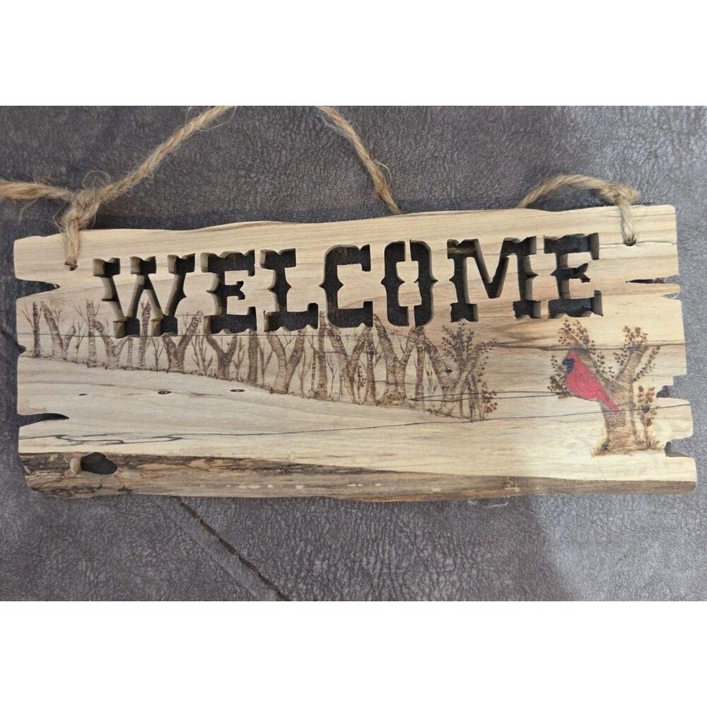 Wooden Welcome Sign With Cardinal Country Farmhouse Birds